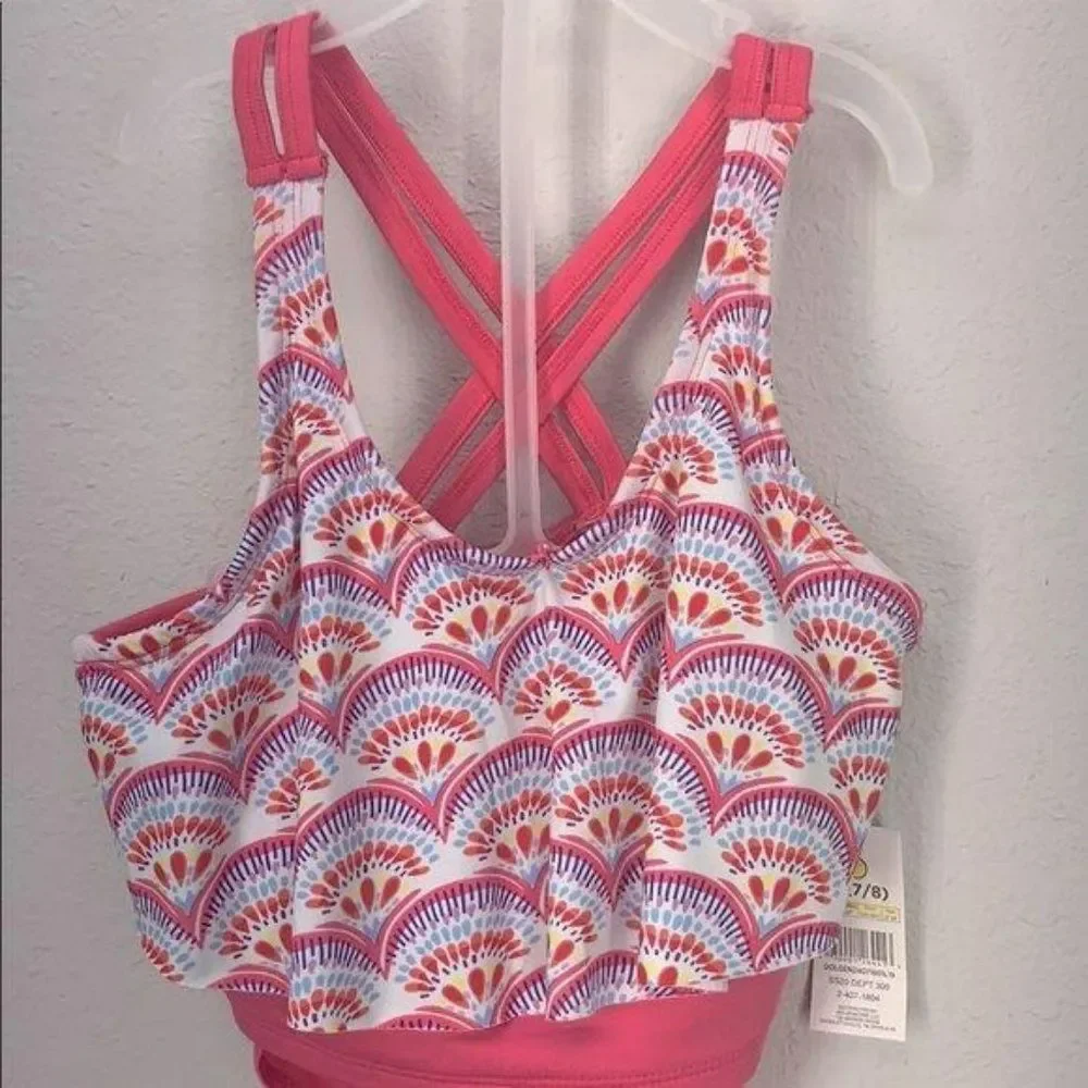 Bobbie Brooks Girls 2 Piece Bikini Pink Swim Tankini Size L bathing suit swimsui